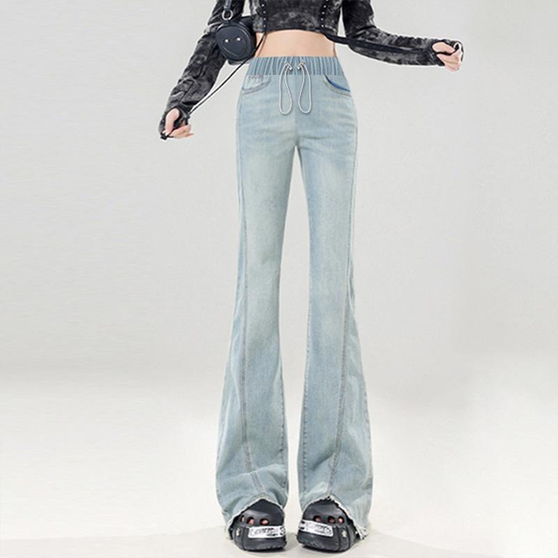 High-Elasticity Drawstring Flare Maternity Jeans for Spring/Autumn, Outerwear Pants with No Belly Support. XL