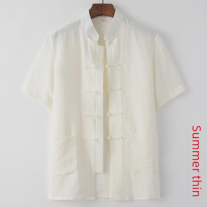 Men's Summer Thin Linen Tang Suit - Short-Sleeved Top for Middle-Aged & Elderly