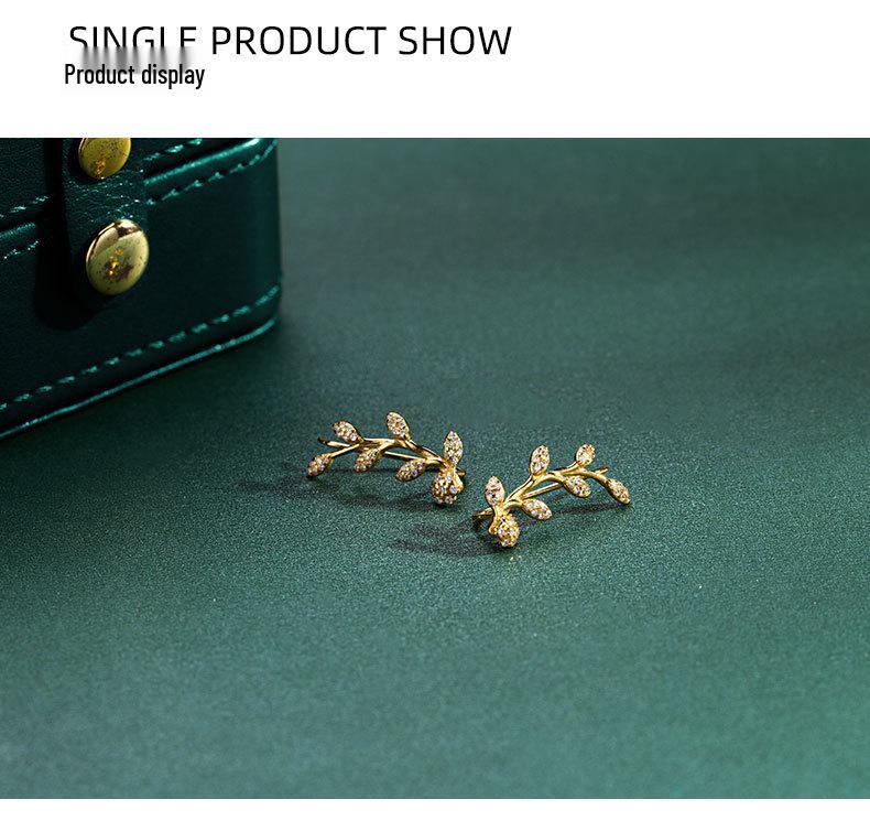 Banyan Tree S925 Silver Olive Branch Leaf Zircon Ear Hooks - Cold Style Summer Earrings for Women
