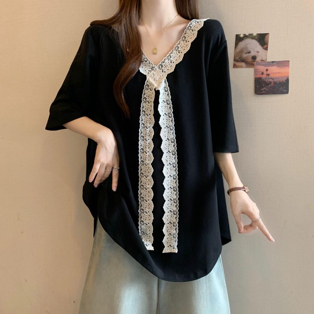 Large Size French Lace V-neck Sweater Short-sleeved Women's Summer New Loose Casual Half-sleeved Medium and Long Top