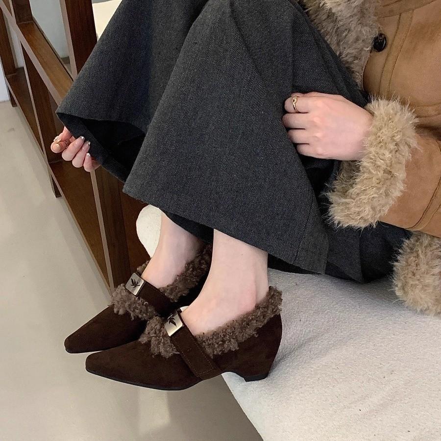 Korean version of pointed suede metal buckle with Mary Jane shoes autumn and winter fluffy light mouth single shoes