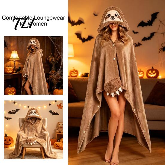 Morbido Plaid Abbracciabile Halloween Felpa Indossabile, Accogliente Mantello Mucca delle Highlands con Cappuccio, Caldo Accappatoio per Casa Bradipo Gatto Nero Mantello Loungewear Donna