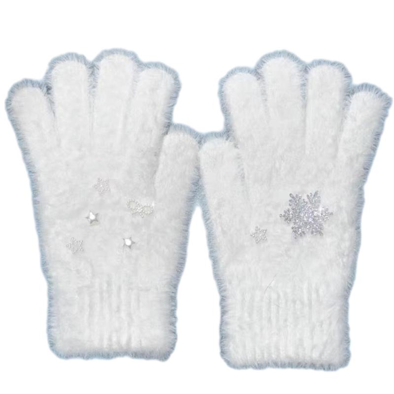 Thick Warm Gloves for Women Lovely Hand Warmer Girl Sweet Snowflake White Gloves 1 белый
