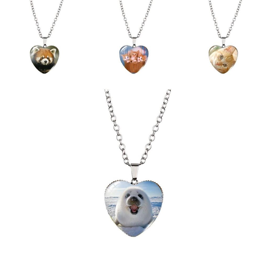 Adorable Heart Shaped Animal Time Gemstone Necklace With Charming Cat Pendant For Women