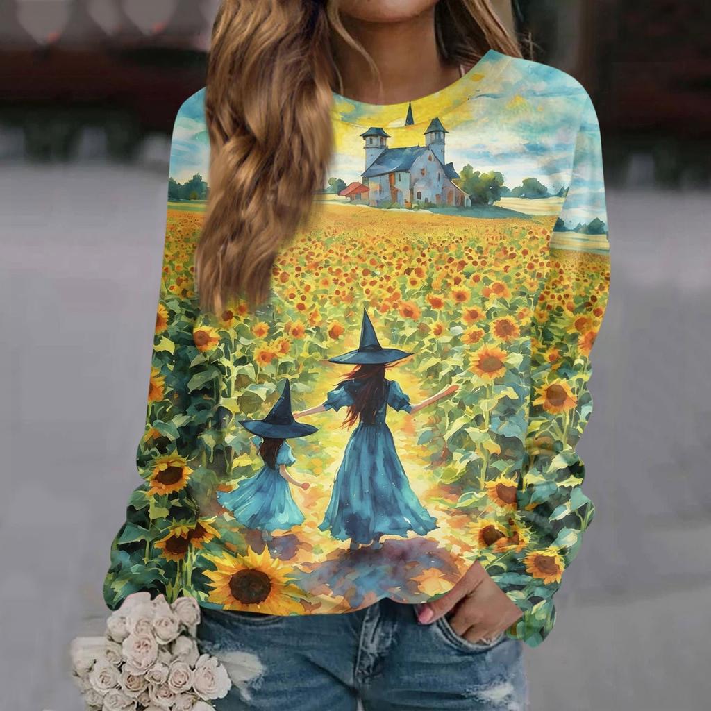 Women's Halloween Printed Long Sleeve Round Neck Raglan Sleeve Pullover Top
