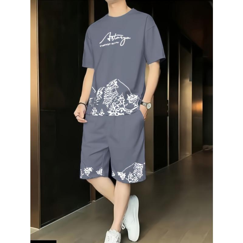 

Summer Streetwear Relaxed Fit Men s Casual Graphic Tee & Shorts Set - 100% Polyester, XXL