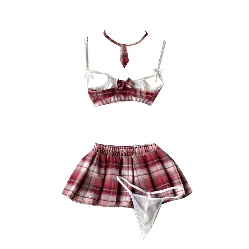 Cute Hollow Bra Plaid Miniskirt Roleplay Student Uniform Temptation Women Cosplay Schoolgirl Costumes Couples Sexy Home Clothing