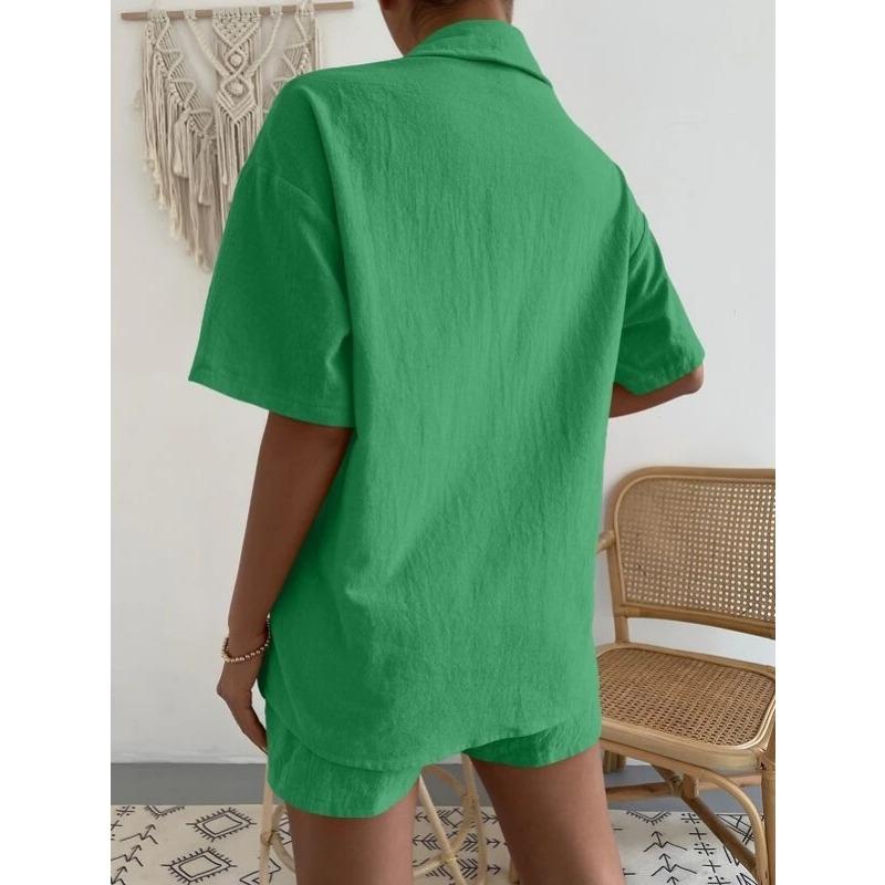 IHUASU Cotton and Linen Fashion Set, Solid-color Pocket Patch Off-the-shoulder Shirt and Shorts, Solid-color Short-sleeved Shirt