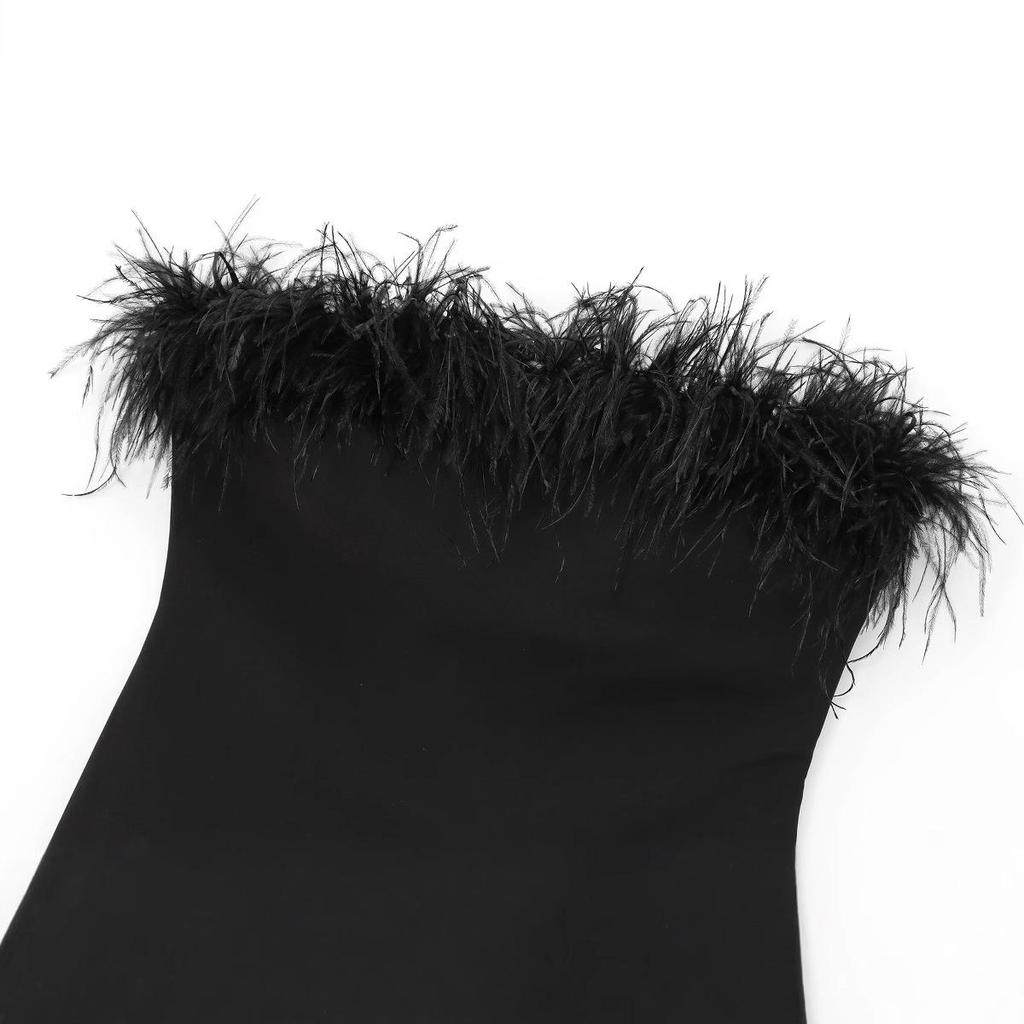 Autumn European & American Style Feather Bustier Slim One-Shoulder Camisole