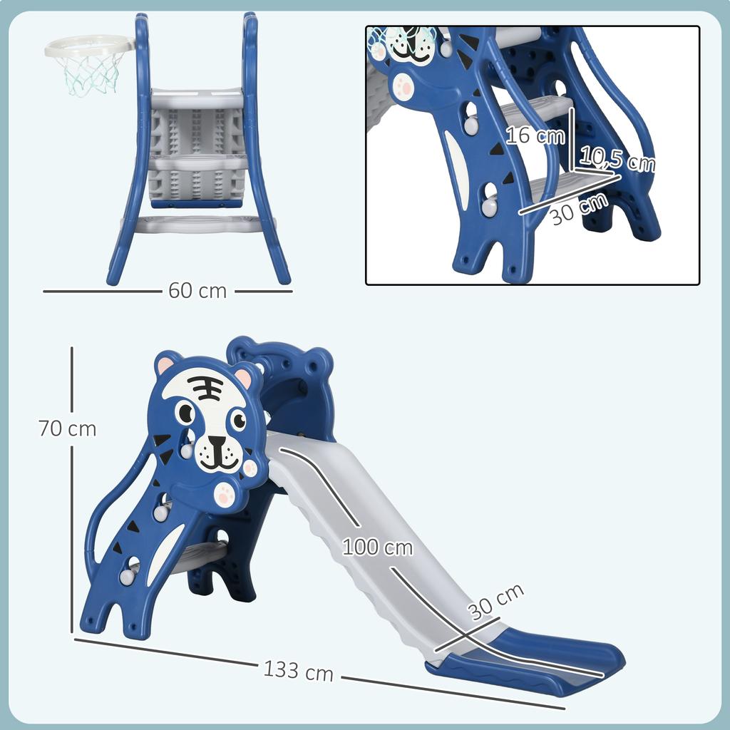3 In 1 Baby Slide for Indoor Use with Climber, Basketball Hoop, Basketball, for Ages 18-36 Months - Blue