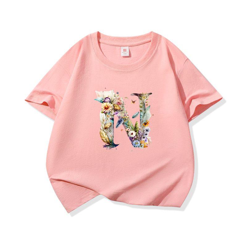 Kids Cotton T Shirt Floral Letter N Print Crew Neck Short Sleeve Tee Casual Boys Girls Summer Tops
