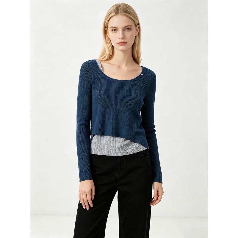 Womens Early Knit Top Asymmetrical Color-Block Ribbed Crewneck Slim Fit Pullover