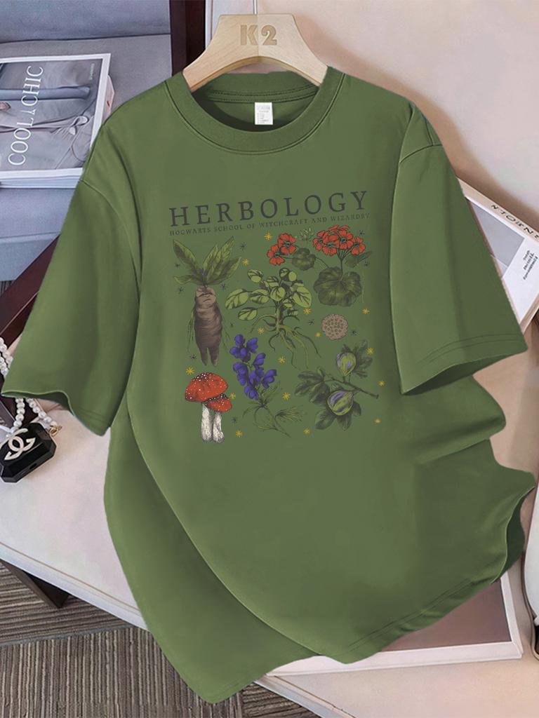 Summer T-Shirts Women Cotton Herbology Plant Composition Printed Tops O-Neck Comfortable Loose Short Sleeve Casual Woman Clothes