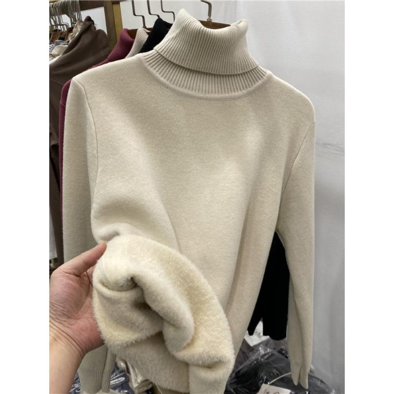 Autumn Winter Turtleneck Fleece Women Sweater Thick Warm Top Bottoming Shirt Inner Pullover Casual Simple Knitted Sweaters Loose Basic Simple Clothing