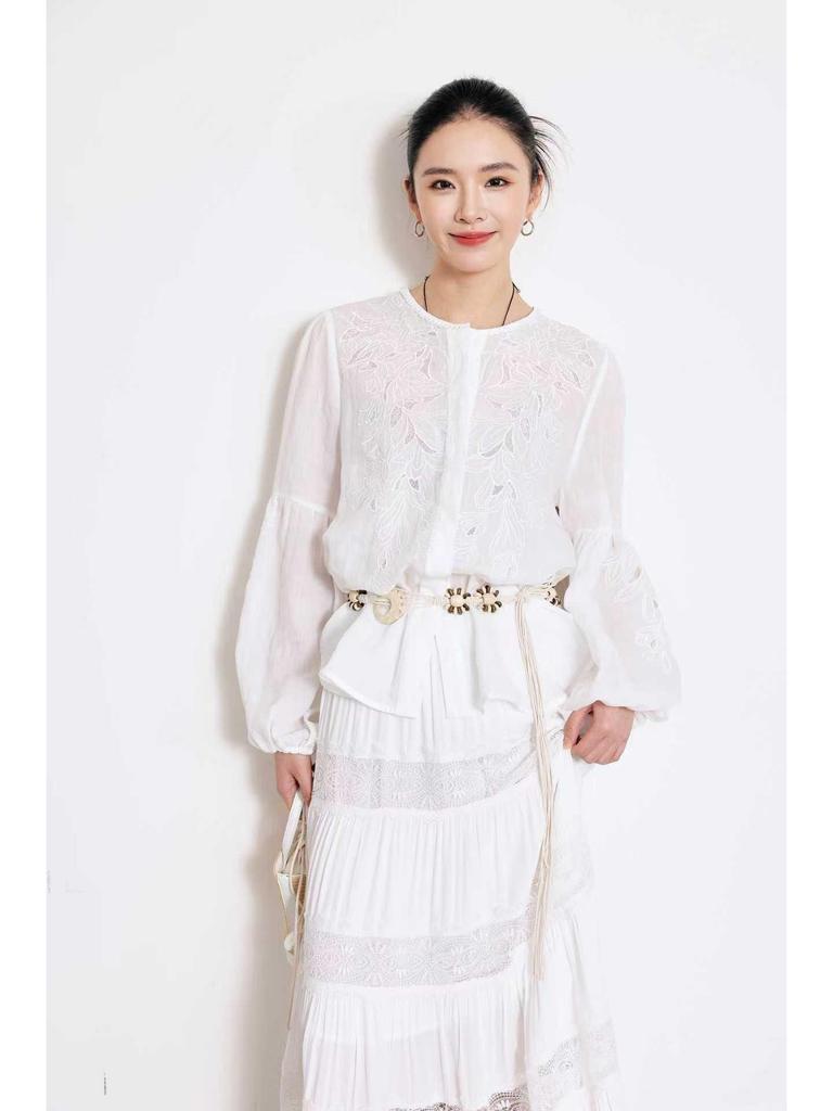 Spring 2026 French Linen Embroidery Shirt with Lantern Sleeves - Southern Style, Perfect for Vacation or Commuting