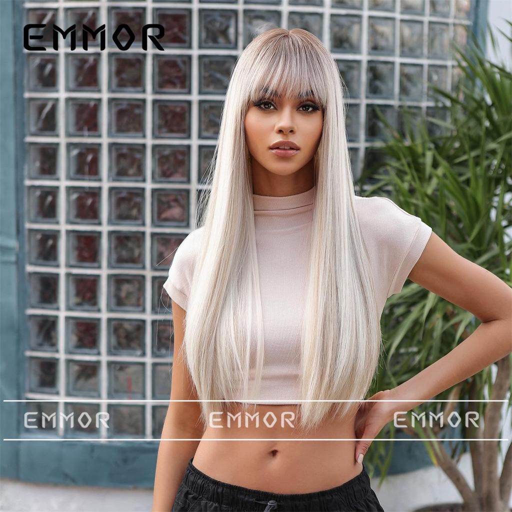 European Style Champagne Brown Long Straight Hair Wig with Bangs