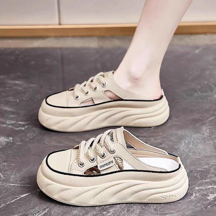 Baotou slippers summer outer wear women's 2025 new breathable popular thick-soled white shoes lazy one pedal half slippers