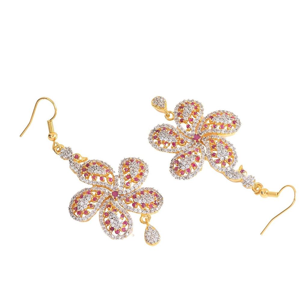 Estele Gold Plated American Diamond Peacock Flower Women's Drop Earrings