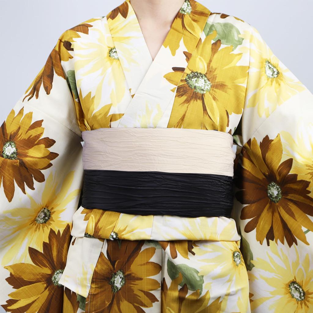 [TOuWA] Wrinkled Heiko Obi (Sash), Set of 2, Plain, Solid Color, for Adult Women's Yukata (Cream X Black)