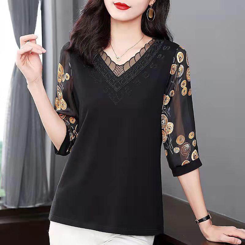 

Pure Cotton V-Neck Mid-Sleeve Slimming Plus Size Top for Middle-Aged Women L (110-120 jin) чёрный