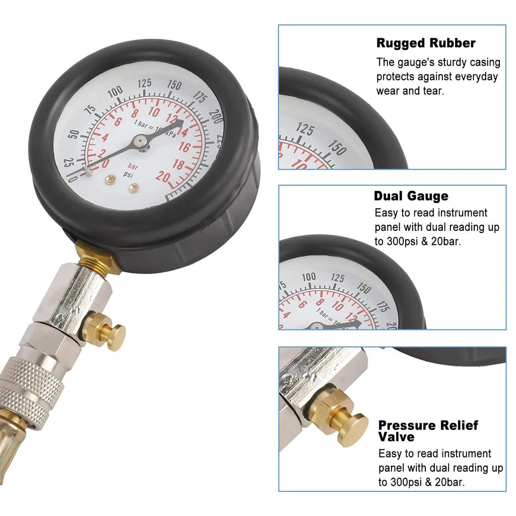 Compression Tester Kit Engine Cylinder Compression Tester 0-300 PSI Gauge M10 M12 M14 M18 Adapters Tool Set Motorcycle ATV Truck