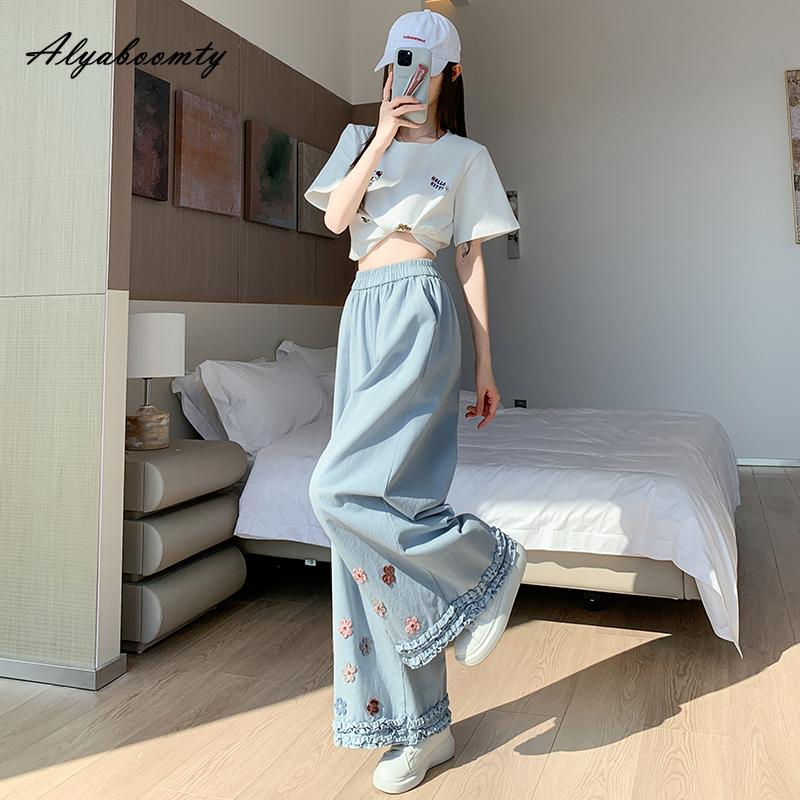 Japanese Mori Girl Spring Summer Women Straight Pants Elastic Waist Apricot Blue Washed Cotton Wide Leg Pants Floral Embroidery Ruffles Trousers