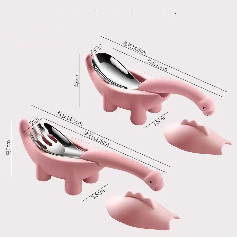 

Dinosaur Shaped Stainless Steel Utensils for Babies - Infant Food Feeding Spoon And Fork Set Cartoon Child Tableware рожевий