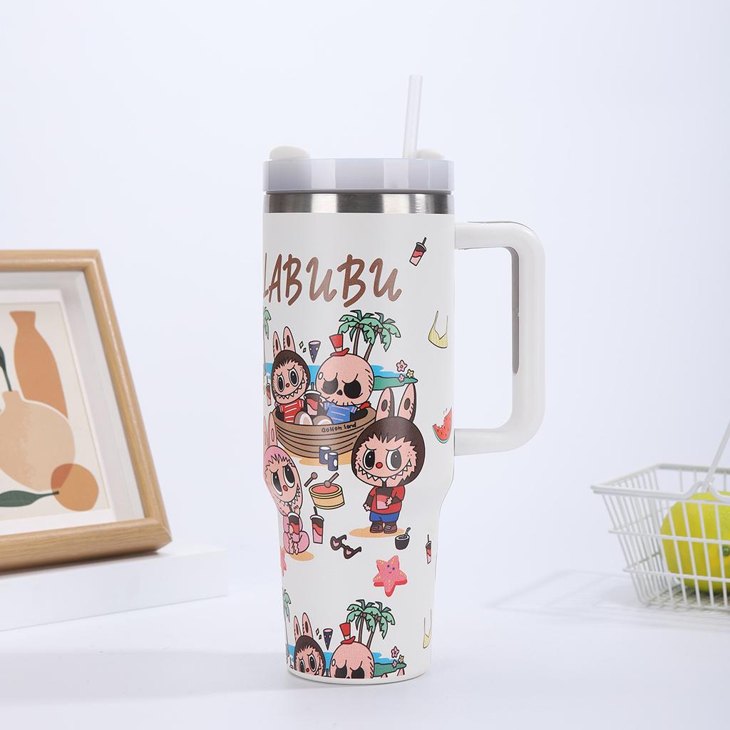 Cartoon 40oz Handle Car Cup 304 Stainless Steel Thermos Cup Outdoor Portable Straw Cup