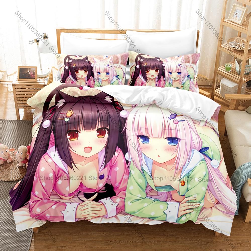 NEKOPARA OVA Themed Duvet Cover + 2 Pillowcases, Kawaii Cat Maid Anime Graphic Bedding Set Home Dorm Decoration
