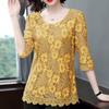 Lace Shirt Top Women's Three-quarter Sleeve Summer Hollow Large Size Mid Length Lace Blouse Solid Color Mesh Top