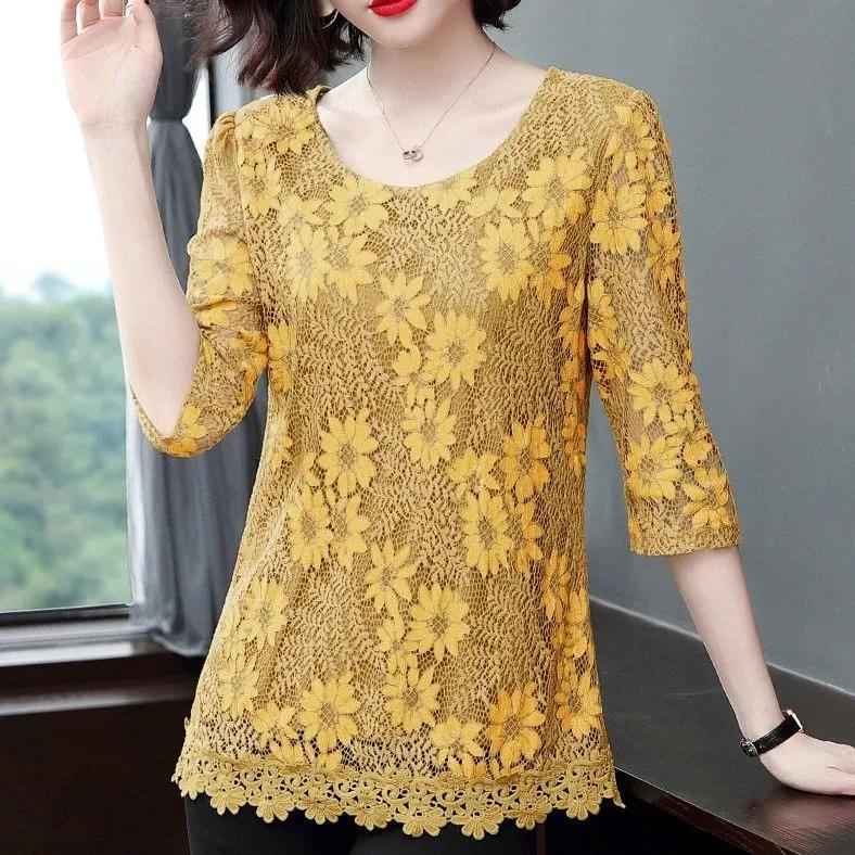 Lace Shirt Top Women's Three-quarter Sleeve Summer Hollow Large Size Mid Length Lace Blouse Solid Color Mesh Top