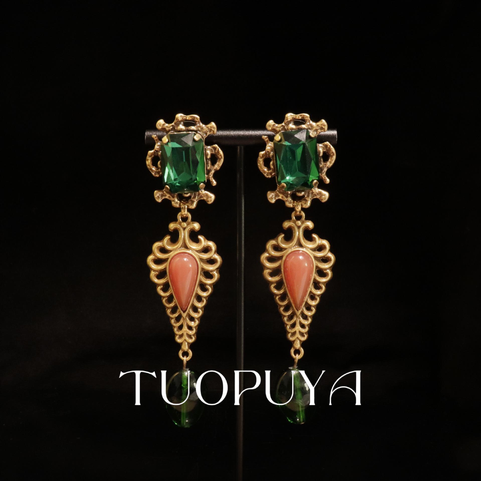 Vintage Green Water Drop Tassel Earrings with Copper Claw Set
