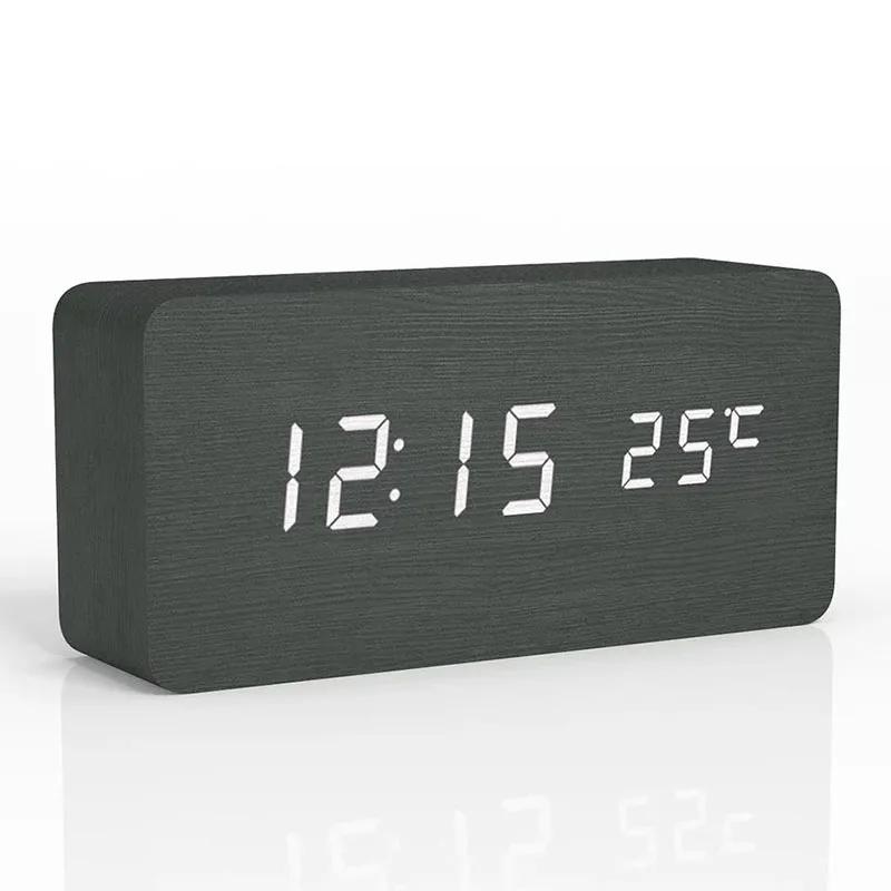 Voice Control Wooden Digital Clock Creative Multi-Functional LED Alarm with Temperature Display Modern Minimalist Home Decor