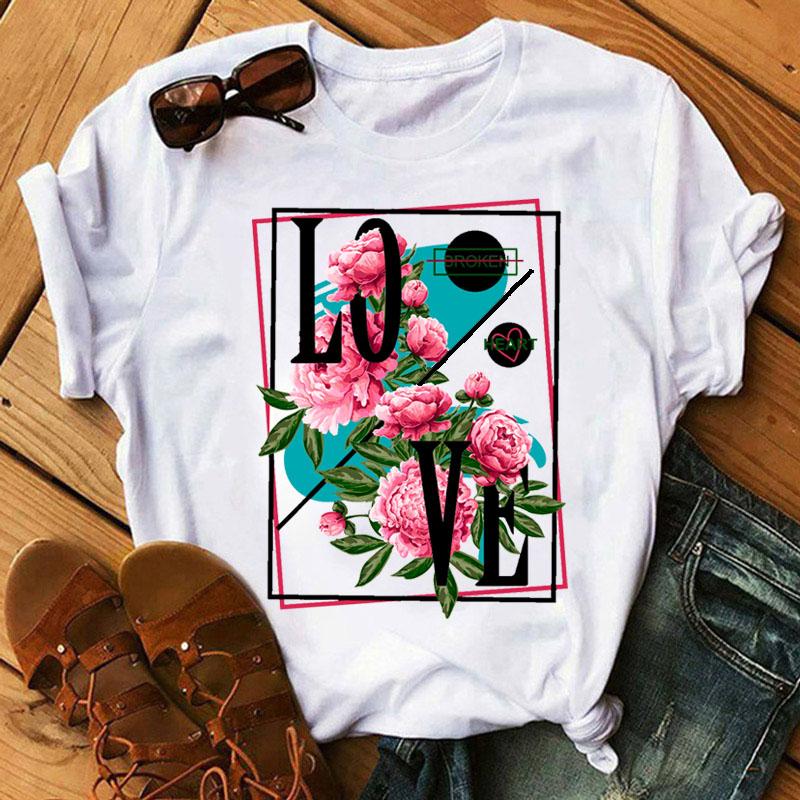 Fashion Women T Shirt Flower Printed T Shirt Casual Black Tops 90s Ladies Girl Tee Shirt Female Harajuku Graphic T -Shirt