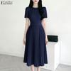 ZANZEA Women Casual Round Neck Short Sleeve Elegant Pleated Dress