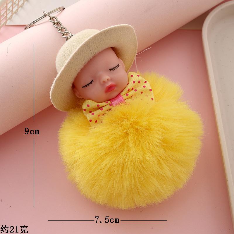 Sleeping Doll Keychain with Hat & Bow, Plush Fur Ball Ornament