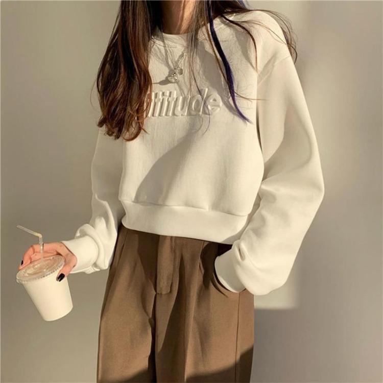 High Waist Women Sweatshirt Short Long Sleeve Solid Color Top