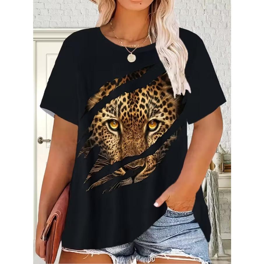 XL-7XL Plus Size Women's Men Cartoon Cat Casual 3D Print Loose V Neck Short Sleeved T-shirt Top