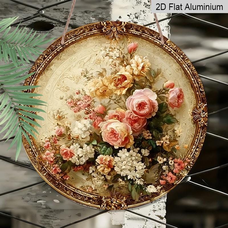 2D Flat, 1pc Round Vintage Floral Metal Wall Decor - Beige & Golden Suitable for Home, Suitable for Housewarming Gifts, Round Aluminum Plaque with