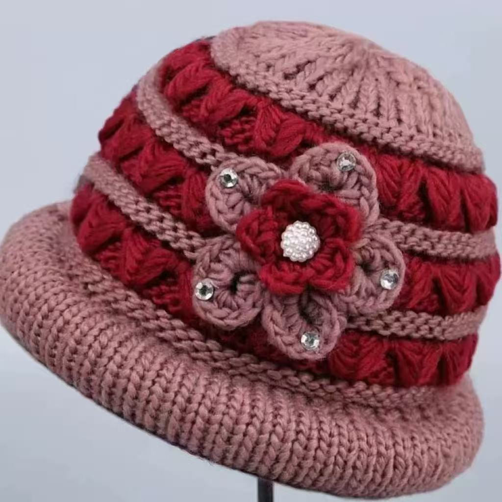 Middle-aged winter velvet thickened mother hat bow basin hat outdoor play rabbit fur warm knitted wool hat