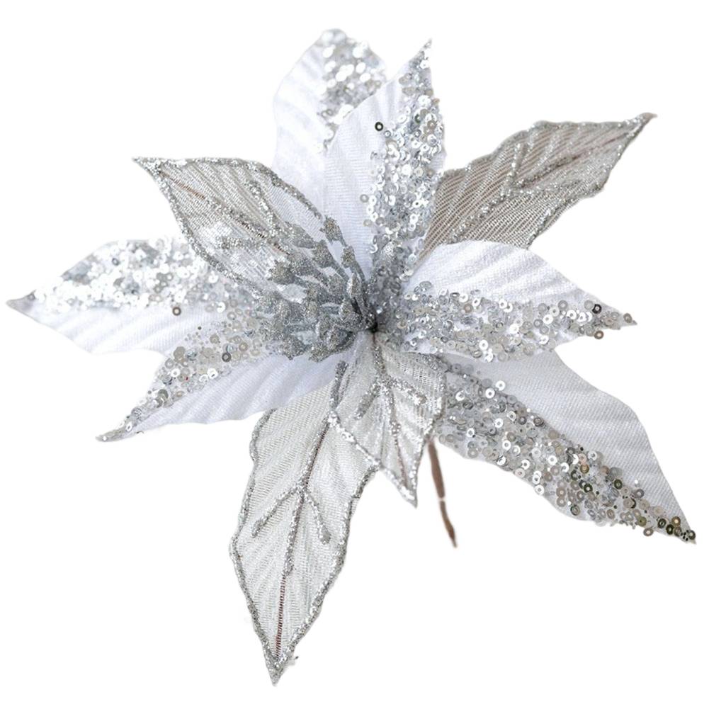 Holiday Decoration Pack Featuring 6 Glitter Poinsettia Ornaments with Poles for Christmas Trees and Seasonal Displays серебряный