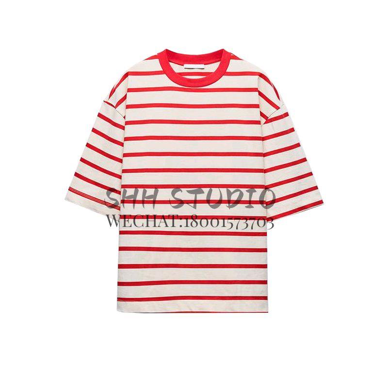 Spring New Women's Clothing American Style BM Fashionable All-Match round Neck Short Sleeve Stripes plus Size T-shirt 5644347