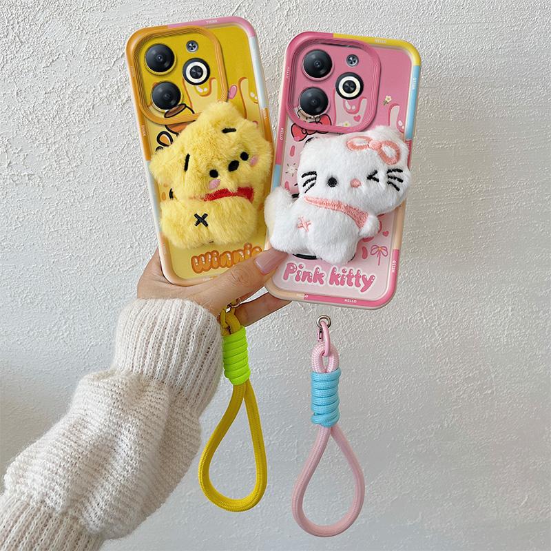KEYSION Cute 3D Cartoon Plush Case for Infinix Smart 8 8HD with Lanyard Soft Silicone Shockproof Phone Cover for Infinix Hot 40i