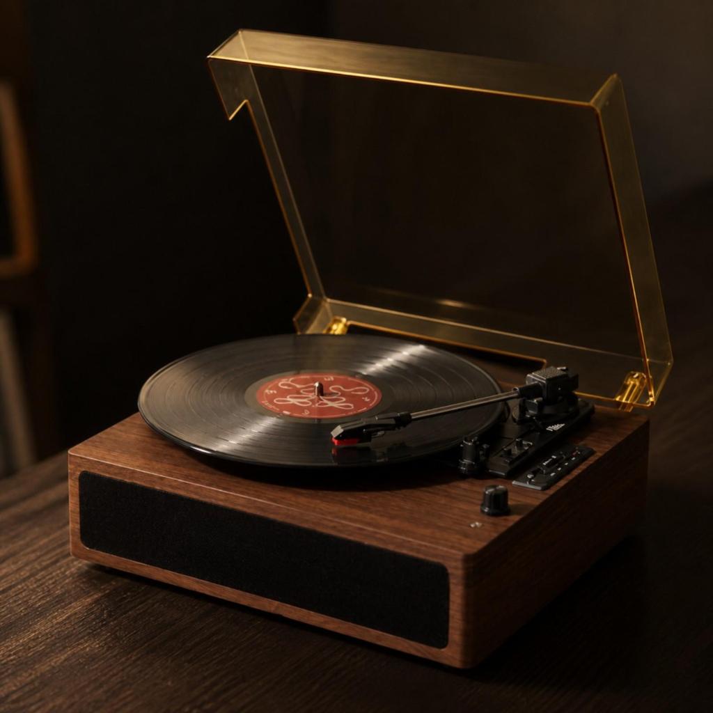 Stereo Nostalgic Turntable Records Player WoodenGrain Finish, Retro Player, for Living Room