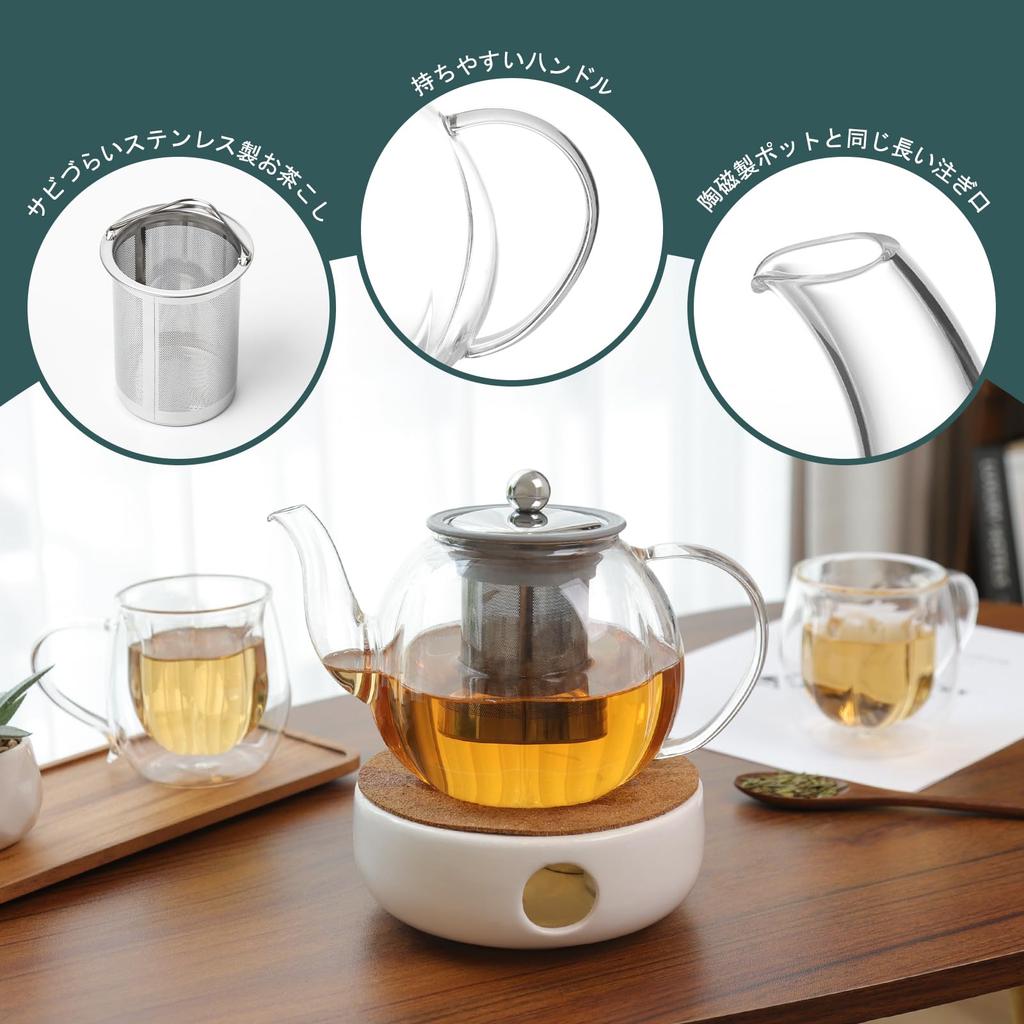 VKCHEF Teapot, Heat-Resistant Glass Kyusu (Kyusu), Transparent, 1000ml Large Capacity, Stainless Steel, with Tea Strainer, Suitable for Direct Heat,