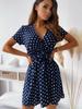 Sexy Deep V Retro Polka Dot Short Sleeve Dress Tie Waist A Line Short Dress Comfortable Lightweight Slimming Flattering Fit