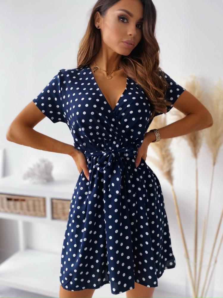 Sexy Deep V Retro Polka Dot Short Sleeve Dress Tie Waist A Line Short Dress Comfortable Lightweight Slimming Flattering Fit