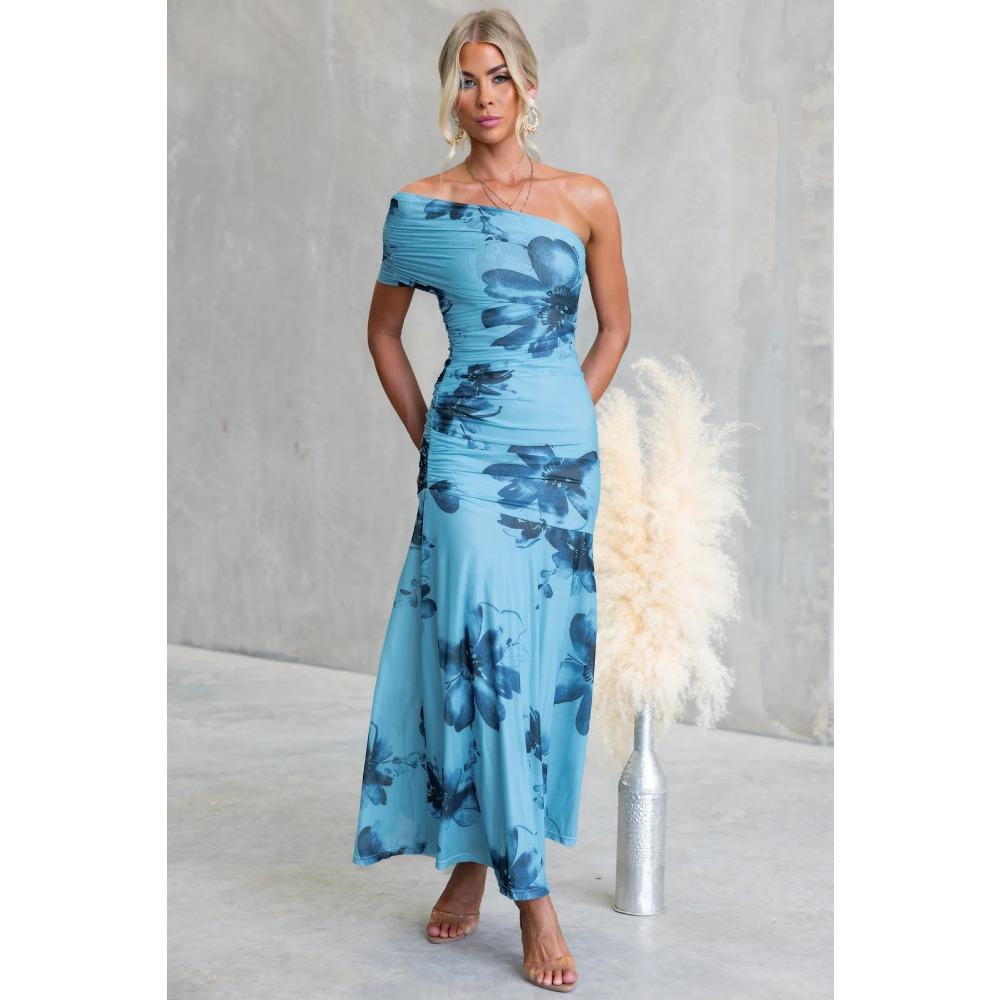 

Year-round Slim-fit Ins Wind Mesh Printing Hip-wrapped Slim-fit Shoulder Dress 76 S синий