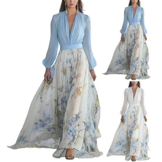 Dámské šifonové šaty s dlouhým rukávem, květinový potisk, hluboký výstřih do V, splývavé šaty áčkového střihu, šaty pro hosty na jarní svatbu