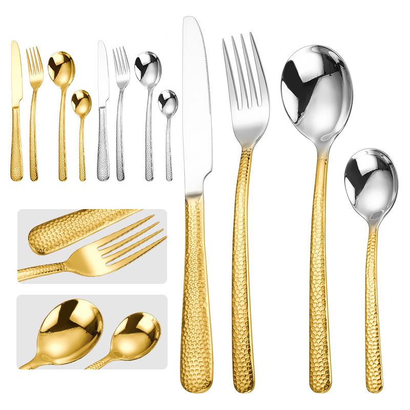 4/8/16Pcs Dinnerware Set 304 Stainless Steel Hammer Pattern Handles Steak Cutlery Fork Spoon Tableware Knives Dishwasher Safe
